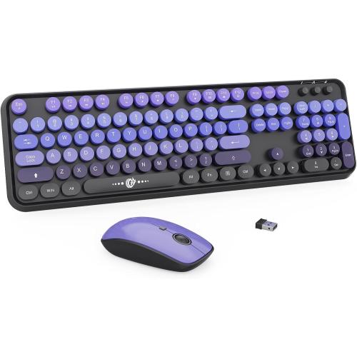 Wireless Keyboard and Mouse Combo - 2.4G Full-Sized Cute Colorful Mouse and Keyboard with 104 Round Keys Retro Typewriter Keyboard for Laptop/Windows/PC - Black Purple
