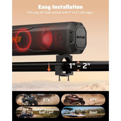 Ehaho 26'' UTV Sound Bar, Golf Cart Speaker Bluetooth with RGB Party Lights | 6-Speaker SXS SoundBar, IP66 Waterproof ATV Speaker System with EQ, Party Mode, RF Remote, AUX for Polaris RZR CFmoto Can-Am