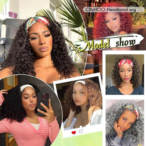 CINHOO Deep Curly Brown Headband Wigs for Black Women 12inch Short Deep Chocolate Brown Base with Gradual Warm Caramel Brown Highlights & Tips Headband Wig for Women Curly Half Wigs with Headbands
