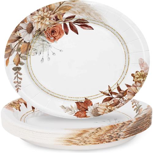 Fall Boho Floral Paper Plates, 9 Inch Autumn Flower Oval Disposable Plates