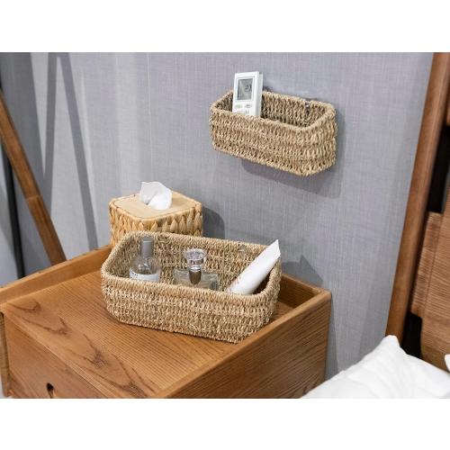 Ellinia Woven Hanging Wall Basket for Storage, Seagrass Woven Wall Mount Organizer Baskets, Wicker Wall Shelves for Mail Storage, Remote Control Holder, Toilet Tank Basket, Set of 2