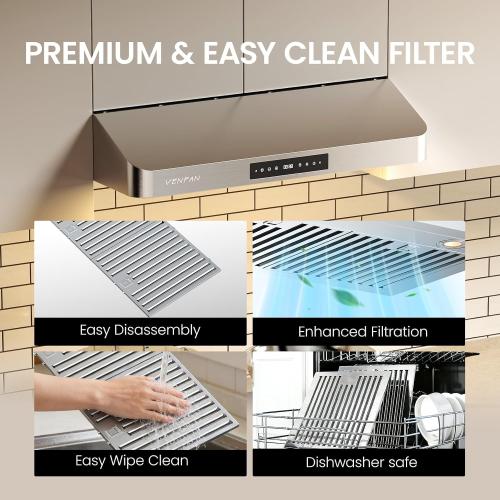 Under Cabinet Range Hood 30 Inch, 1200 CFM Kitchen Vent Hood, 4 Fan Speeds, Gesture & Touch Control with Memory Mode, Auto Shutoff Timer, Removable Grease Filters