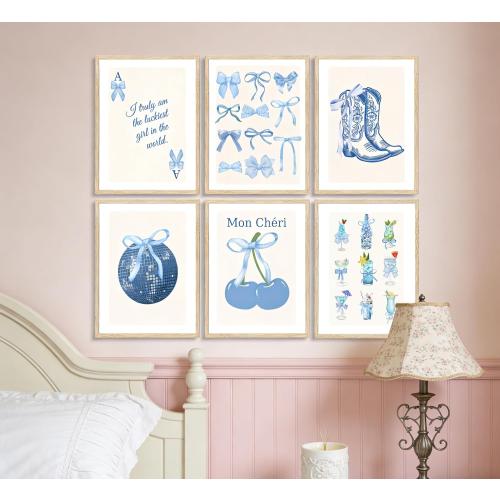 Blue Coquette Preppy Poster Wall Art,6 Pcs Aesthetic Painting Picture Wall Decor,Cowboy Boots Disco Ball Cocktail Cherry Canvas Print Artwork,for Girls Bedroom Dorm Room Home Decoration Unframed