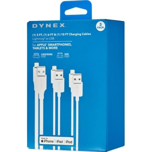 Dynex- 3'/6'/10' Lightning to USB Cables (3 Pack) - White