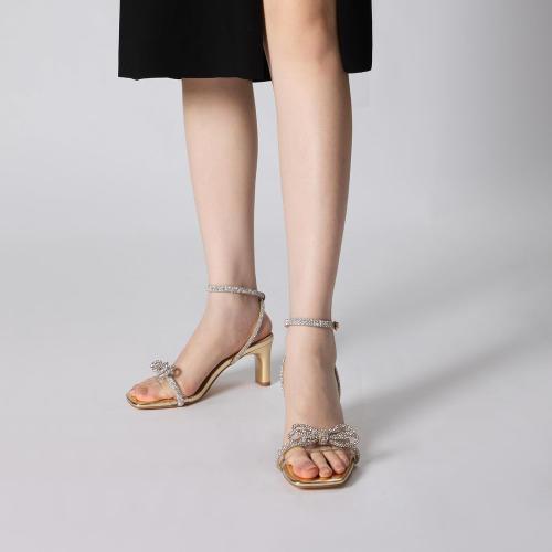 Size 11 Gold and Silver Athlefit Women's Rhinestone Bow Heels Clear Open Square Toe Block Heels Buckle Heeled Sandals for Party Wedding