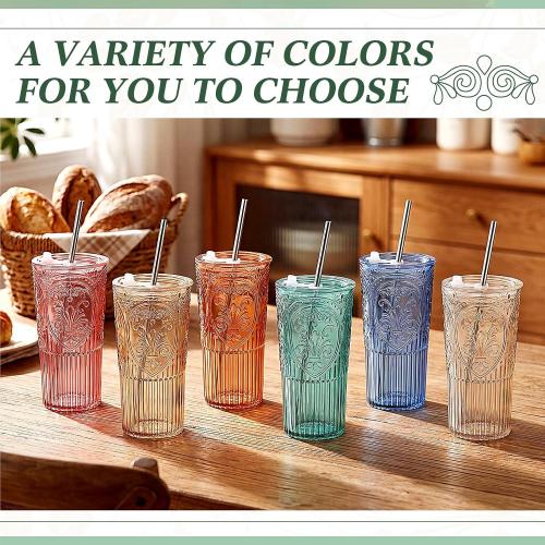 6 Set Vintage Tumbler with Lid and Straw, Iced Coffee Cup, Vintage Color