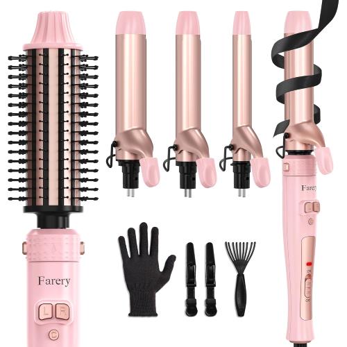 FARERY 4-in-1 Interchangeable Automatic Rotating Curling Iron & Thermal Brush Set, 0.75''/1''/1.25'' Curling Iron & 1.5'' Heating Round Curling Brush, ONE Heat 410°F, Pink