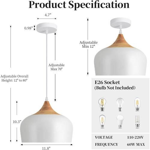 11.8 White Pendant Light with Solid Wood, Adjustable 12-80