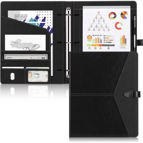 Toplive Padfolio 3 Ring Binder Organizer Business Portfolio Folder for Women, A4/ Letter Size PU Leather Professional Portfolio Padfolio for Interview Conference Presentation, Black