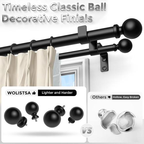 36-122 Inch Double Curtain Rod, Matte Black Heavy Duty Dual Rods