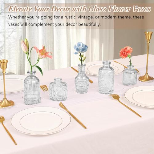 Set of 40 Glass Bud Vases, Small Clear Glass Vases in Bulk, Mini Vintage Embossed Flower Vase for Wedding, Centerpieces, Birthday Party, Home Table Decorations, Baby Shower (Clear)