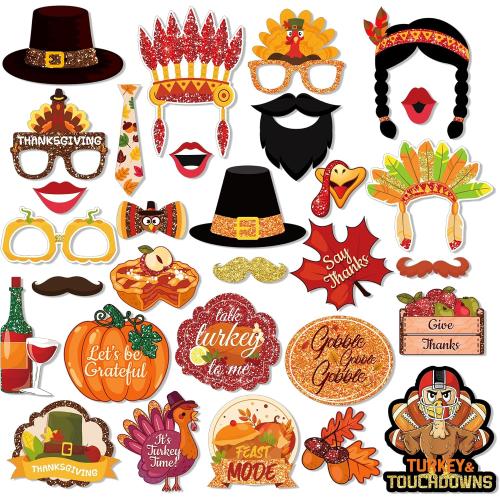 30 Pcs Thanksgiving Photo Booth Props, Fall Maple Leaf DIY Set, Photo Booth Birthday Party Decoration, Decoration Props