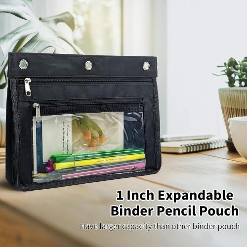 YoeeJob 2 Pack Expandable Pencil Pouches for 3 Ring Binders, Black