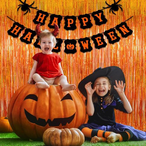 Orange Foil Fringe Curtain Backdrop 3 Pack, 3.2 x 8.2 FT Halloween Decor