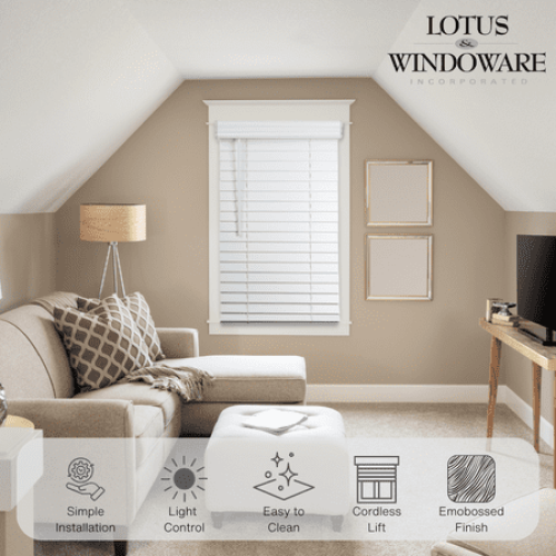 Lotus & Windoware Cordless 2 Faux Wood Room Darkening Horizontal Blind, 12 W x 72 L, Bright White, Embossed