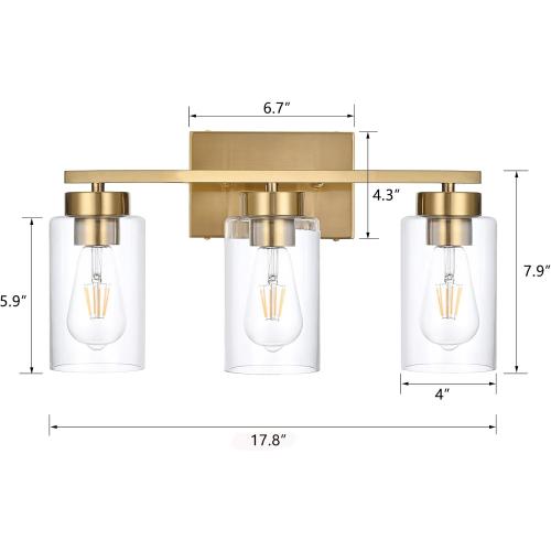 3-Light Bathroom Vanity Light, Modern Brushed Gold Wall Lights with Clear Glass Shades, Bathroom Wall Sconce Lamp for Mirror Living Room Bedroom Hallway