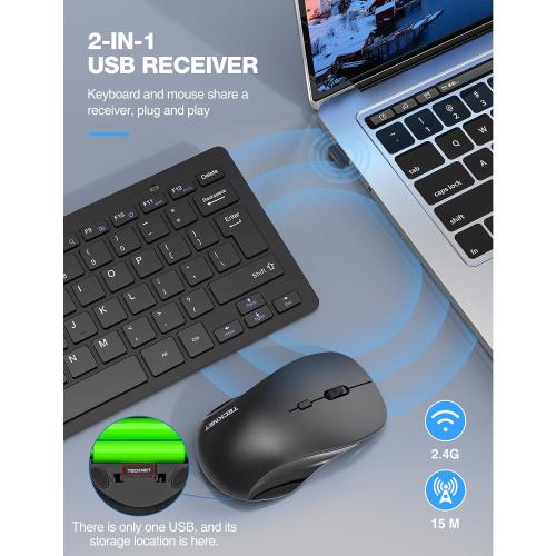 TECKNET Wireless Keyboard and Mouse Combo, Mini Cordless Computer Keyboard and Mouse Set 2.4GHz, Silent Adjustable 1600 DPI, Quiet Click, Lag-Free for Computer, Laptop, PC, Windows, Mac, Chrome OS