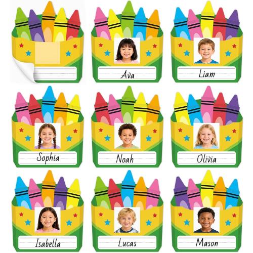 54PCS Crayon Box Book Desk Name Tags 4.9 x 4.9 Inches Students Photo Nameplates for Classroom Crayon Self Adhesive Name Tags Labels Stickers with Photo for Back to School Desk Bins Cubbies Supplies