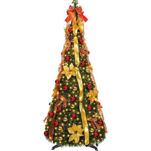 6 ft pre-lit Decorated Christmas Tree, 200 LED Warm Lights, Prelit pop-up Christmas Tree, Fully Decorated 66 Ornaments, Collapsible Pull Up Christmas Tree with Lights for Indoor Home Party Decor