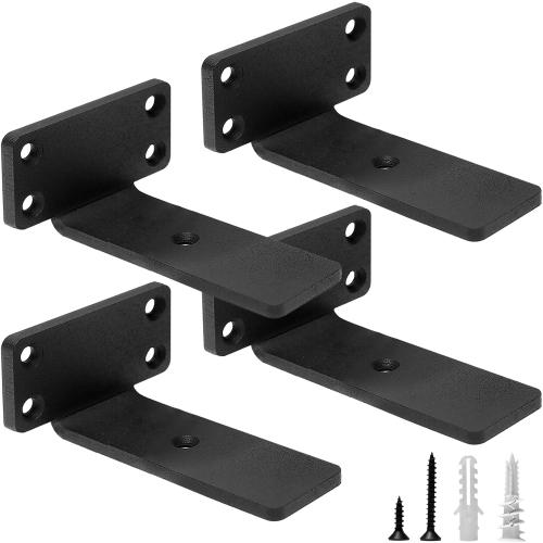 HITOMEN Heavy Duty Floating Shelf (5 x 1 1/4 x 10 1/2 inch) Brackets, 4pk  (1/4'' Thick) Hidden Shelves Hardware, Iron L Brackets, Rustic Industrial Black Metal Wall Shelving Supports, 4 Pack