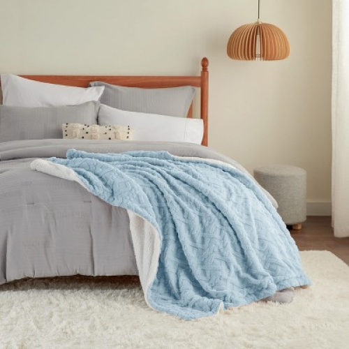 Bedsure Fleece Throw Blanket, Jacquard Cable Pattern, Double-Sided Plush & Fluffy, Reversible Cozy Warm for Couch, Blue,