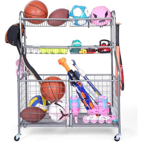 Kinghouse Rolling Sports Equipment Organizer with Wheels, Garage Ball Storage Rack for Basketball, Toys, for Garage, Indoor, Gym, Outdoo, Includes Metal Storage Bin, Bat Holder, Hooks