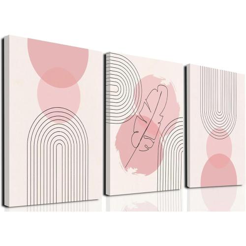 Fetyiu 3 Piece Boho Wall Art Pink Canvas Art Prints Mid-Century Modern Paintings Abstract Pictures Geometric Wall Decor Lines Artwork for Bedroom Office  Framed
