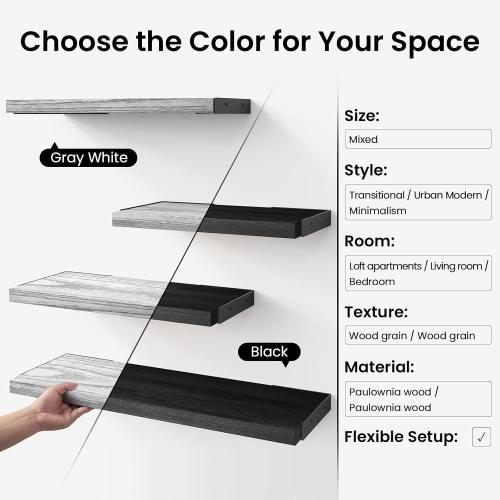 BAYKA Wall Mounted Floating Shelves (Gray and White, Set of 4, 16 Mixed)