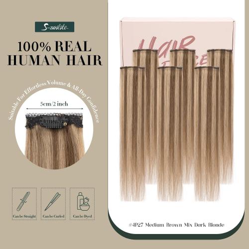 Short Hair Extensions Clip ins,S-noilite Short Clip in Hair Extensions Real Human Hair,Mini Hairpieces for Add Volume and Highlights,6 Pieces 31g 10 inch Medium Brown Mixed Dark Blonde