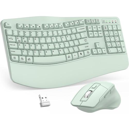 Wireless Keyboard and Mouse Combo, 2.4G Ergonomic Wave Key(Avocado Green)