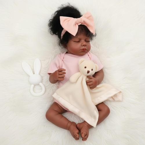 18 Inch Realistic Black Reborn Baby Doll Closed Eyes – Lifelike African American Sleeping Baby Doll with Hand-Rooted Curly Hair & Soft Cloth Body, Realistic Newborn Gift for Kids and Collectors