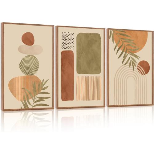 LHIUEM Boho Abstract Sage Framed Canvas Wall Art,Bohemian Neutral Wall Decor,Mid Century Beige Painting,Natural Minimalist Line Artwork for Living Room,Bedroom,Dining Room -16x24x3