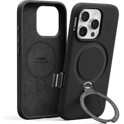 TORRAS Liquid Silicone Case, Stand for iPhone 16 Pro Case, Obsidian Black