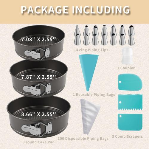 3PCs Cake Pan Sets for Baking, 7/8/9 Inch Round Cake Pans, Nonstick Springform Cake Pans, Cheesecake Baking Pans with 100 Pcs Piping Bags,