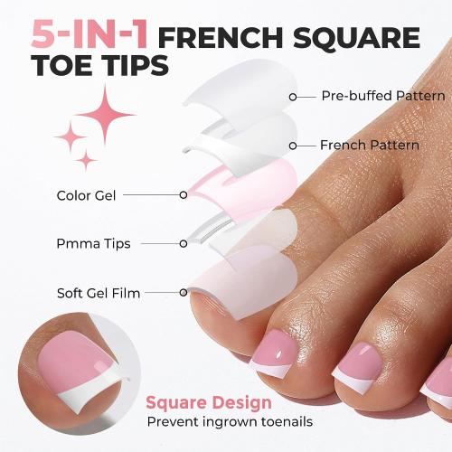 UNA GELLA French Toe Nail Press Ons, Pre-Etched 15 Sizes Sharp Square Berry Pink 180Pcs Press On Toenails False Toes Soft Gel Square Full Cover Fake Toenails for Nail Extensions DIY Salon Pedicure