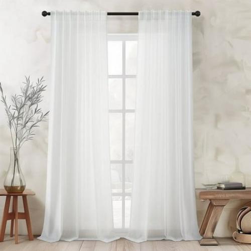 Topfinel White Linen Curtains 96 Inches Long for Living Room Back Tab Light Filtering Drape with Hooks Semi Sheer Lightweight Curtains for Bedroom Set