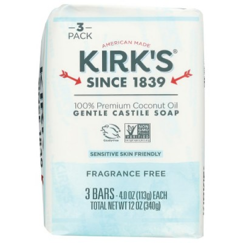 Kirk's Gentle Castile Soap - Fragrance Free 3 - 4 oz Bar.
