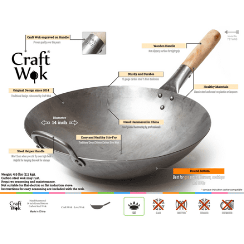 Craft Wok Traditional Hand Hammered Carbon Steel Pow Wok with Wooden and Steel Helper Handle (14 Inch, Round Bottom) / 731W88