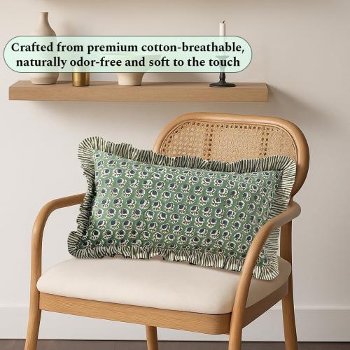 Ridhi Basil Green Block Print Ruffle Pillow Sham 20x12 Inch Set of 1