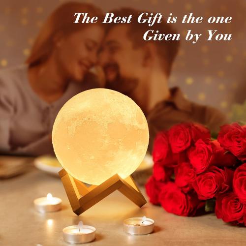 Mydethun Moon Lamp 3D Night Light - Valentine Gifts for Women, Mom & Kids, 5.9' Table Decor w/Wooden Base, Proposal Decororation w/Touch-Dimmable & USB Rechargeable, Dual-Color White/Warm Yellow