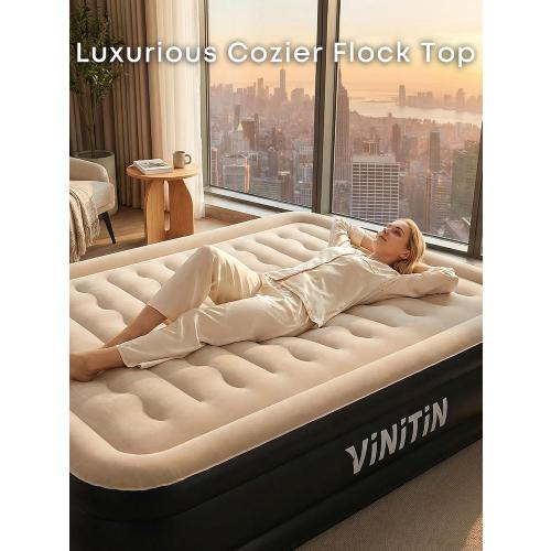 Queen Air Mattress with Built-in Pump, 16 Elevated Inflatable Bed for Home & Guests, Self-Inflating Blow Up Mattress with Flocked Top & Storage Bag, 660lb Max Weight, Matt Black