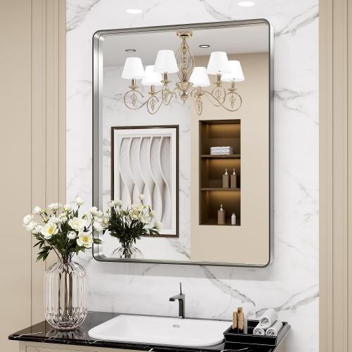 LOAAO 30X36 Inch Brushed Nickel Bathroom Mirror, Rounded Rectangle Silver Metal Frame Nickel, Anti-Rust, Shatter Proof, Hangs Horizontally or Vertically, S9076