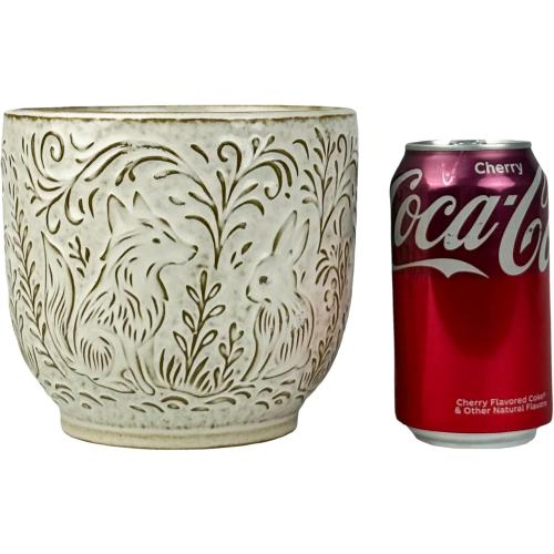 Decorative Ceramic Planter Pot with Saucer, Brown with Gold and Silver Owl Pattern, Indoor Garden Container with Drainage (White, 6 inch)