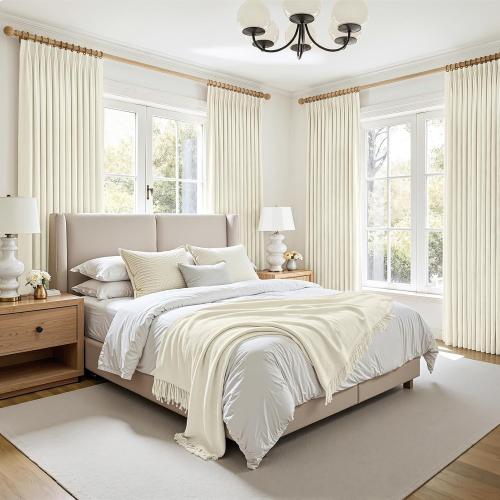 Blackout Cream Curtains 90 Inches Long 2 Panels Set for Living/Bedroom,50Wide Pinch Pleated Cooling Summer Heat 90 Inch Curtain Thick Linen Textured Neutral Boho Drapes with Hooks&Rings(50Wx90L)