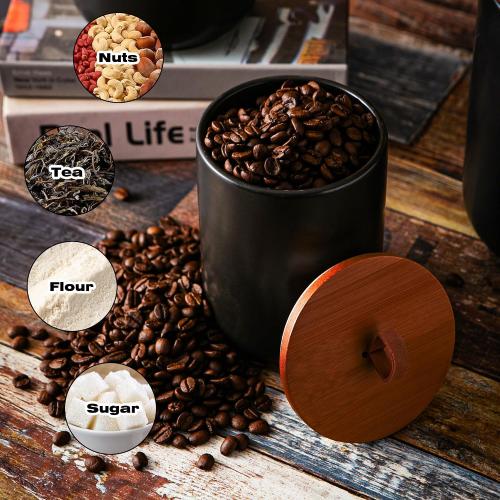 JOJUNO Black Ceramic Canister 3 Piece with Airtight Bamboo Lid