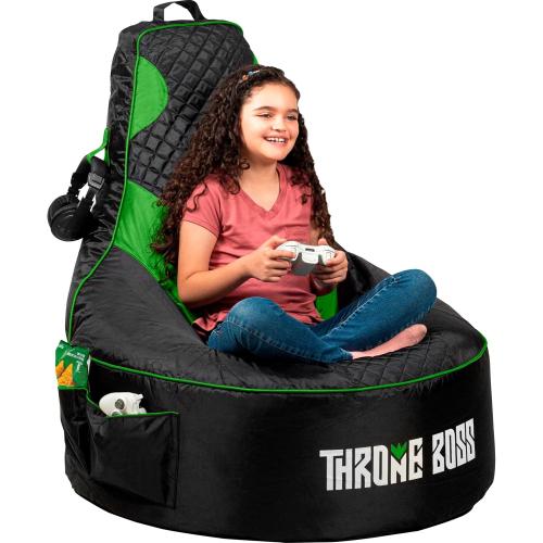 Throne Boss Gaming Bean Bag Chair Cover for Kids with High Back, Green – Floor Gaming Chair Cover, Easy to Clean Fabric, Large Side Pockets, Headphone Hanger, Requires 200 Liters Polystyrene Beans