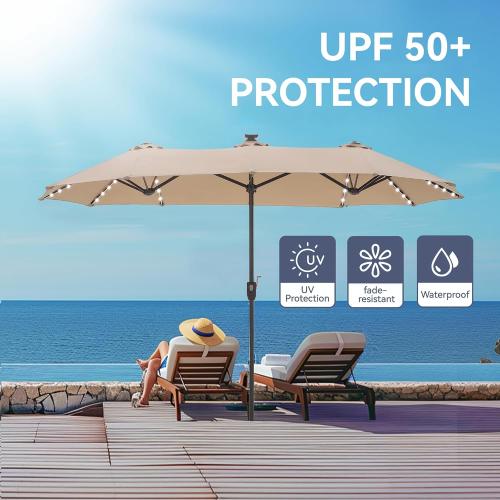 GREEN PARTY 13ft Patio Umbrella with Led Lights, Rectangle Outdoor Umbrella | 12-Mode Solar Lights, Double-Sided Rectangular table Umbrella, Large Shade for Backyard Deck Poolside, Beige(No Base)