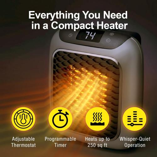Ontel Handy Heater Turbo Wall Outlet Plug In Heater – Portable Indoor Ceramic Space Heater w/Adjustable Thermostat, 12-Hour Timer, Auto Shut Off, Quiet – Plug In Wall for Office, Bedroom, Camping