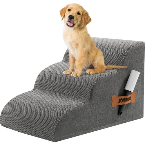 Romrol Dog Stairs Ramp for High Bed, 33D Pet Stairs Steps 15.7” H with Durable Non-Slip Waterproof Fabric Cover, Dog Slope Stairs to Bed for Small Dogs and Cats or Pets Joints, 3-Steps