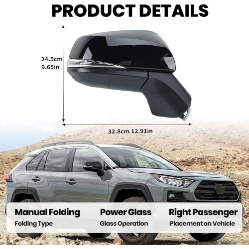 Right Passenger Side Mirror Compatible with Toyota RAV4 2019 2020 2021 2022 2023 2024 Power Heated Turn Signal Blind Spot Door Rear View Mirrors 8 Pins Black